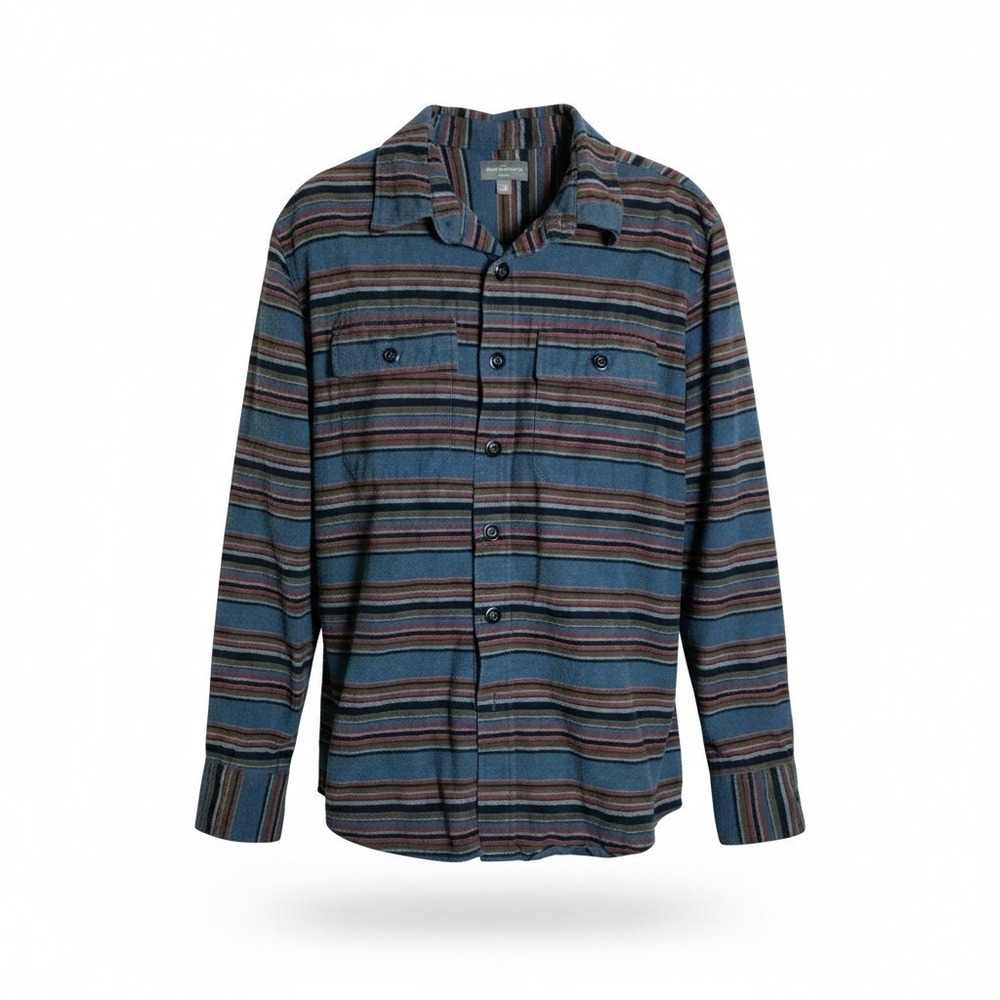 LL Bean Signature Mens Slim Fit Flannel Shirt Blue Multi Stripe Cotton  L